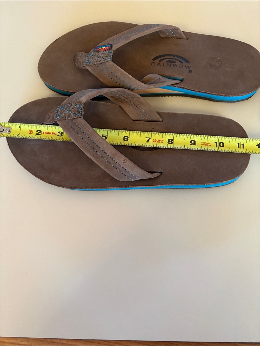 New Rainbow Brown Leather Flip Flop Sandals with Teal Midsole - Picture 11 of 12